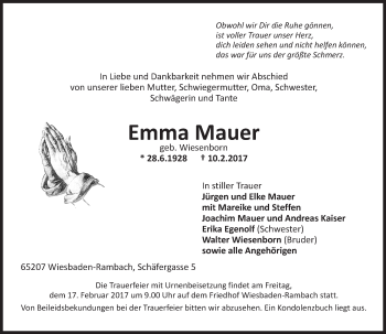 Traueranzeige von Emma Mauer von Trauerportal Rhein Main Presse