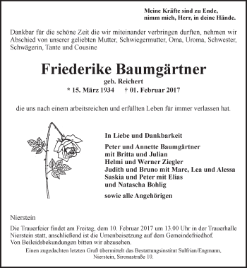 Traueranzeige von Friederike Baumgärtner von Trauerportal Rhein Main Presse