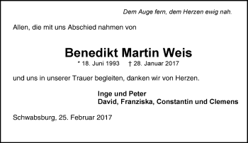 Traueranzeige von Benedikt Martin Weis von Trauerportal Rhein Main Presse