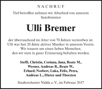 Traueranzeige von Ulli Bremer von  Kreisanzeiger