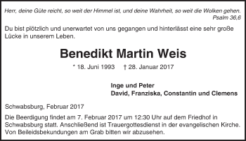 Traueranzeige von Benedikt Martin Weis von Trauerportal Rhein Main Presse