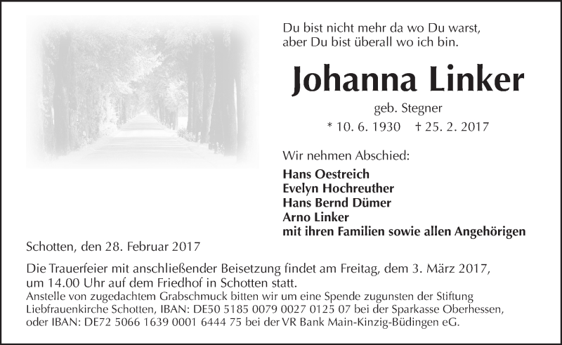  Traueranzeige für Johanna Linker vom 28.02.2017 aus  Kreisanzeiger
