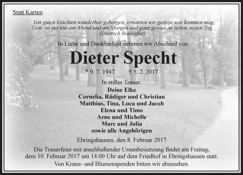  Traueranzeige für Dieter Specht vom 08.02.2017 aus VRM Trauer