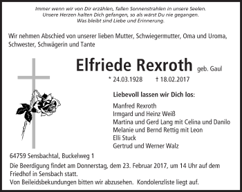 Traueranzeige von Elfriede Rexroth von Trauerportal Echo Online