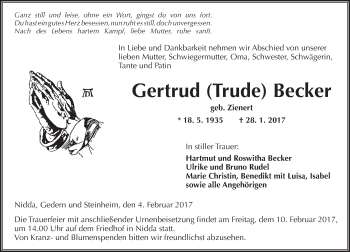 Traueranzeige von Gertrud  Becker von  Kreisanzeiger
