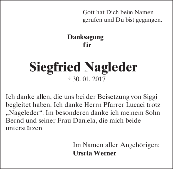 Traueranzeige von Siegfried Nagleder von Trauerportal Echo Online