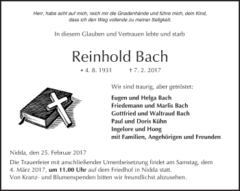 Traueranzeige von Reinhold Bach von  Kreisanzeiger