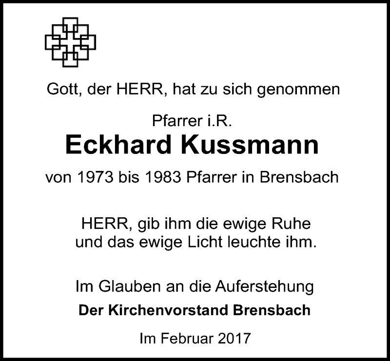  Traueranzeige für Eckhard Kussmann vom 18.02.2017 aus Trauerportal Echo Online