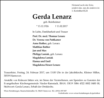 Traueranzeige von Gerda Lenarz von Trauerportal Echo Online