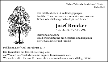 Traueranzeige von Josef Brucker von  Gießener Anzeiger