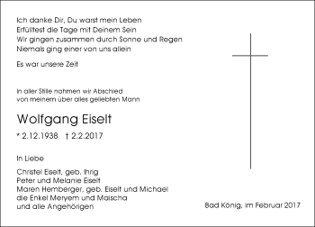 Traueranzeige von Wolfgang Eiselt von Trauerportal Echo Online