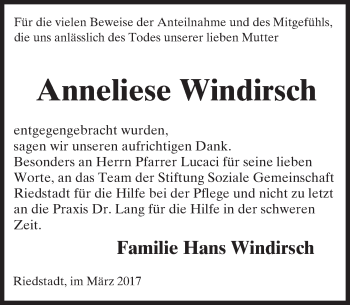 Traueranzeige von Anneliese Windirsch von Trauerportal Echo Online