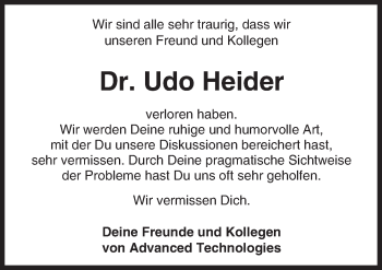 Traueranzeige von Udo Heider von Trauerportal Echo Online