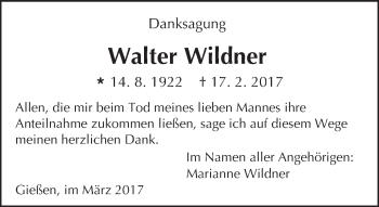 Traueranzeige von Walter Wildner von  Gießener Anzeiger