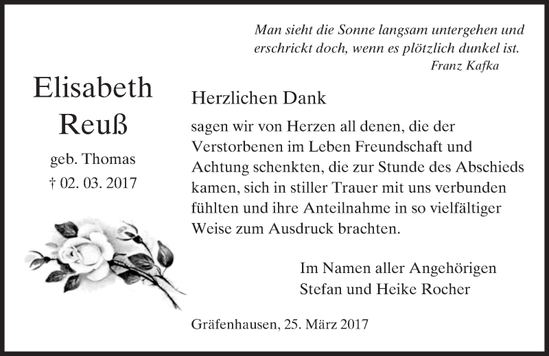  Traueranzeige für Elisabeth Reuß vom 25.03.2017 aus Trauerportal Echo Online