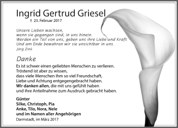 Traueranzeige von Ingrid Gertrud Griesel von Trauerportal Echo Online