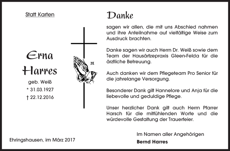  Traueranzeige für Erna Harres vom 04.03.2017 aus VRM Trauer