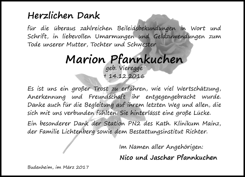  Traueranzeige für Marion Pfannkuchen vom 11.03.2017 aus Trauerportal Rhein Main Presse
