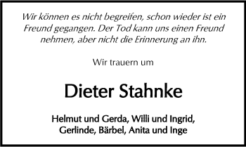 Traueranzeige von Dieter Stahnke von  Kreisanzeiger