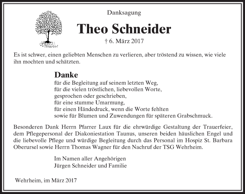  Traueranzeige für Theo Schneider vom 29.03.2017 aus  Usinger Anzeiger