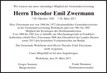 Traueranzeige von Theodor Emil Zwermann von  Usinger Anzeiger