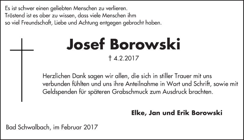  Traueranzeige für Josef Borowski vom 04.03.2017 aus Trauerportal Rhein Main Presse