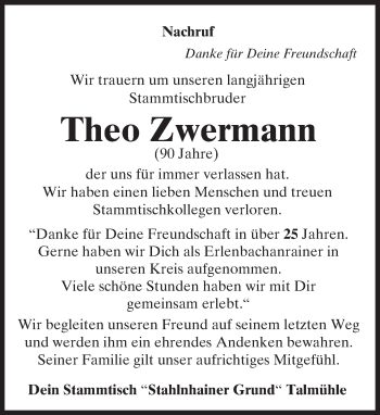 Traueranzeige von Theo Zwermann von  Usinger Anzeiger