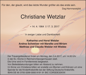 Traueranzeige von Christiane Wetzlar von Trauerportal Echo Online