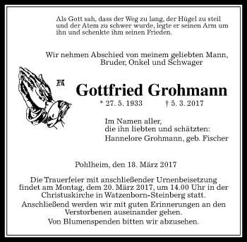Traueranzeige von Gottfried Grohmann von  Gießener Anzeiger