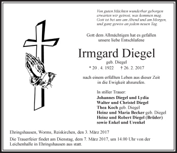 Traueranzeige von Irmgard Diegel von VRM Trauer