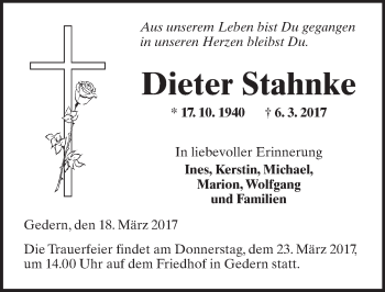 Traueranzeige von Dieter Stahnke von  Kreisanzeiger