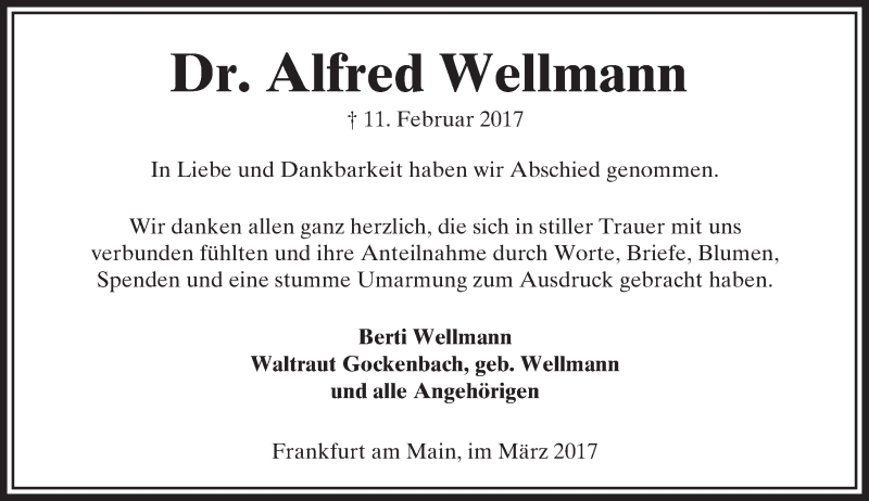  Traueranzeige für Alfred Wellmann vom 04.03.2017 aus  Kreisanzeiger