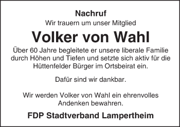 Traueranzeige von Volker von Wahl von Trauerportal Echo Online