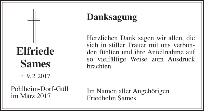  Traueranzeige für Elfriede Sames vom 11.03.2017 aus  Gießener Anzeiger