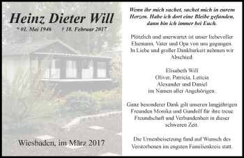 Traueranzeige von Heinz Dieter Will von Trauerportal Rhein Main Presse