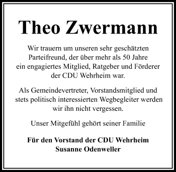 Traueranzeige von Theo Zwermann von  Usinger Anzeiger