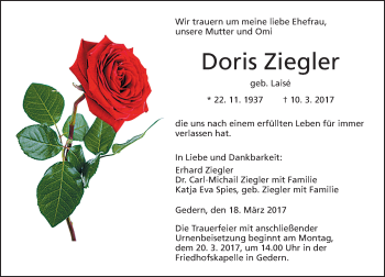 Traueranzeige von Doris Ziegler von  Kreisanzeiger