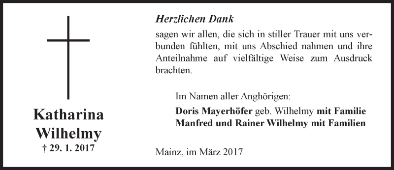  Traueranzeige für Katharina Wilhelmy vom 11.03.2017 aus Trauerportal Rhein Main Presse