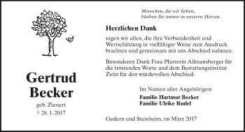 Traueranzeige von Gertrud  Becker von  Kreisanzeiger