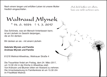 Traueranzeige von Waltraud Mlynek von  Usinger Anzeiger