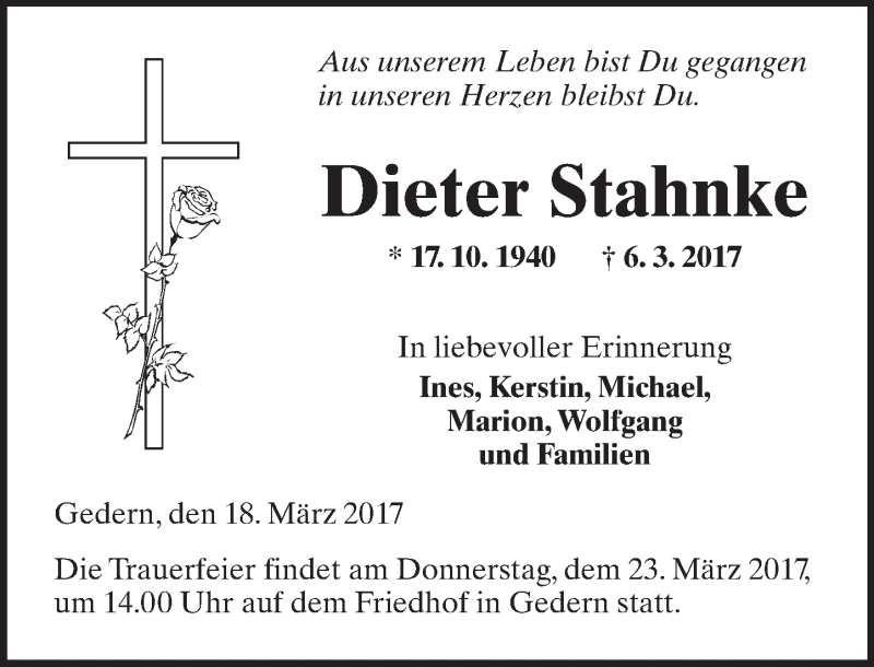  Traueranzeige für Dieter Stahnke vom 18.03.2017 aus  Kreisanzeiger