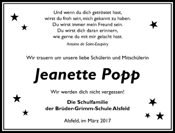 Traueranzeige von Jeanette Popp von VRM Trauer