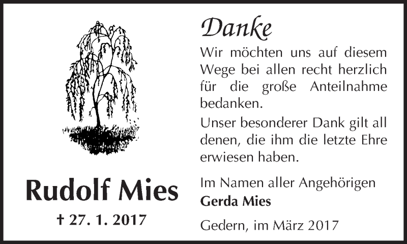  Traueranzeige für Rudolf Mies vom 04.03.2017 aus  Kreisanzeiger