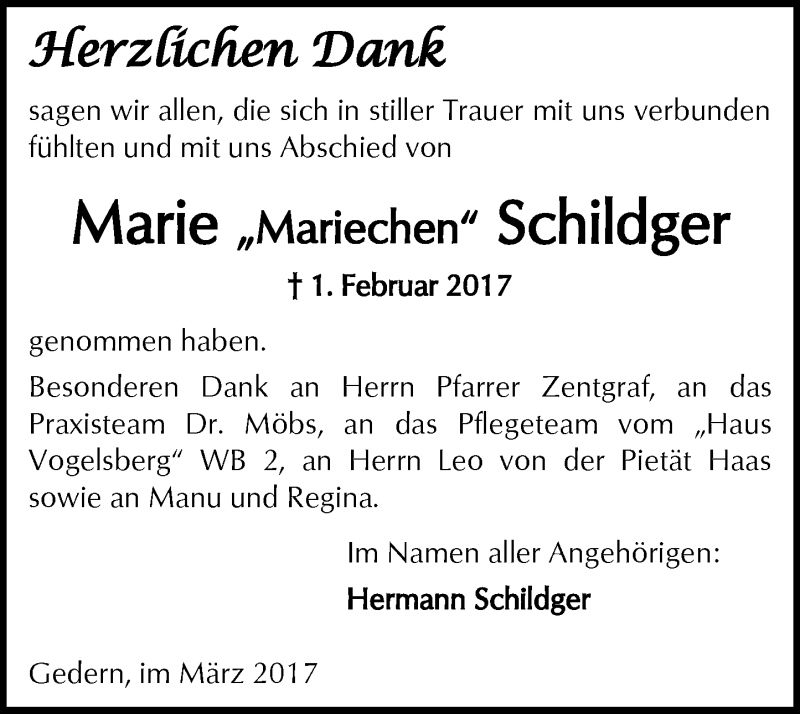  Traueranzeige für ferz Cic hen Dank vom 25.03.2017 aus  Kreisanzeiger