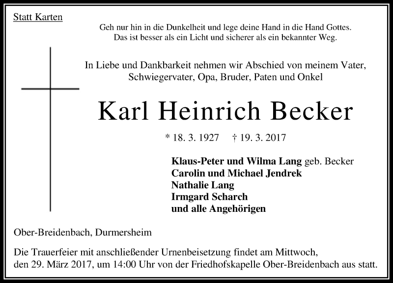  Traueranzeige für Karl Heinrich Becker vom 25.03.2017 aus VRM Trauer