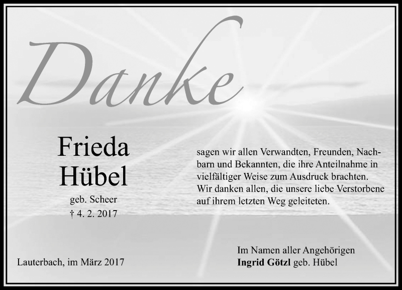  Traueranzeige für Frieda Hübel vom 04.03.2017 aus VRM Trauer