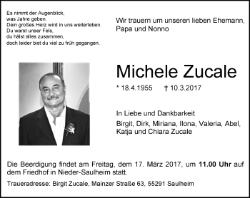 Traueranzeige von Michele Zucale von Trauerportal Rhein Main Presse