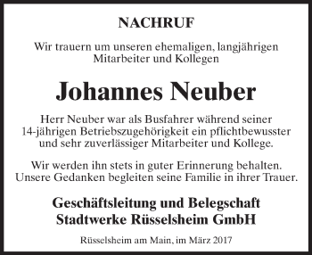 Traueranzeige von Johannes Neuber von Trauerportal Rhein Main Presse