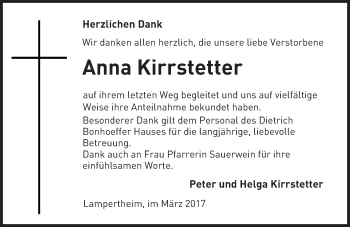 Traueranzeige von Anna Kirrstetter von Trauerportal Echo Online