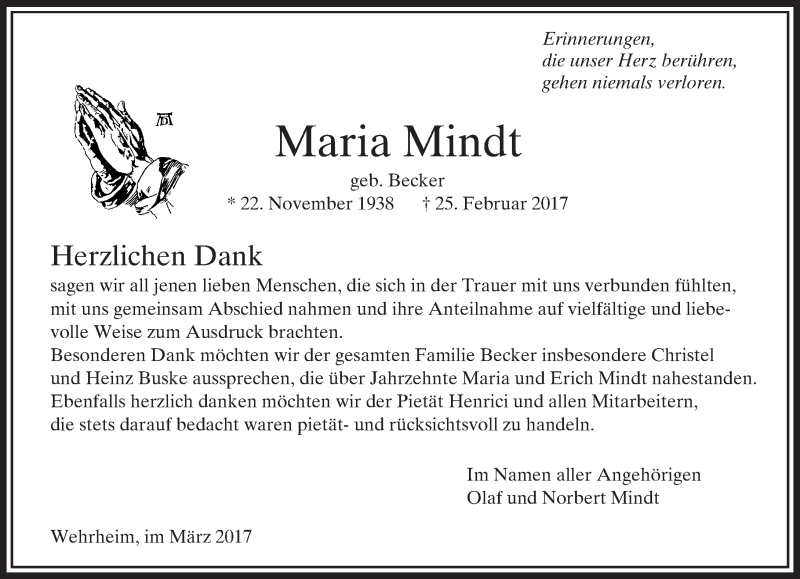  Traueranzeige für Maria Mindt vom 25.03.2017 aus  Usinger Anzeiger